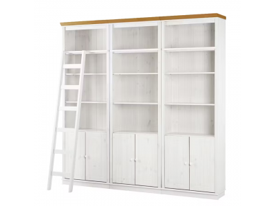 Kit três estantes Biblioteca com portas e escada, acabamento na cor branco lavado com mel | coleção biblioteca